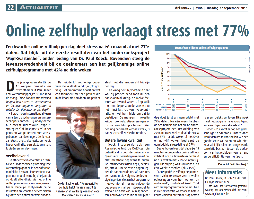 Online zelfhulp verlaagt stress met 77% (Artikel in De Artsenkrant)